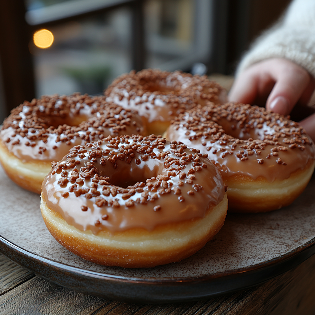 Hand grabbing a glazed vegan donut from a tray