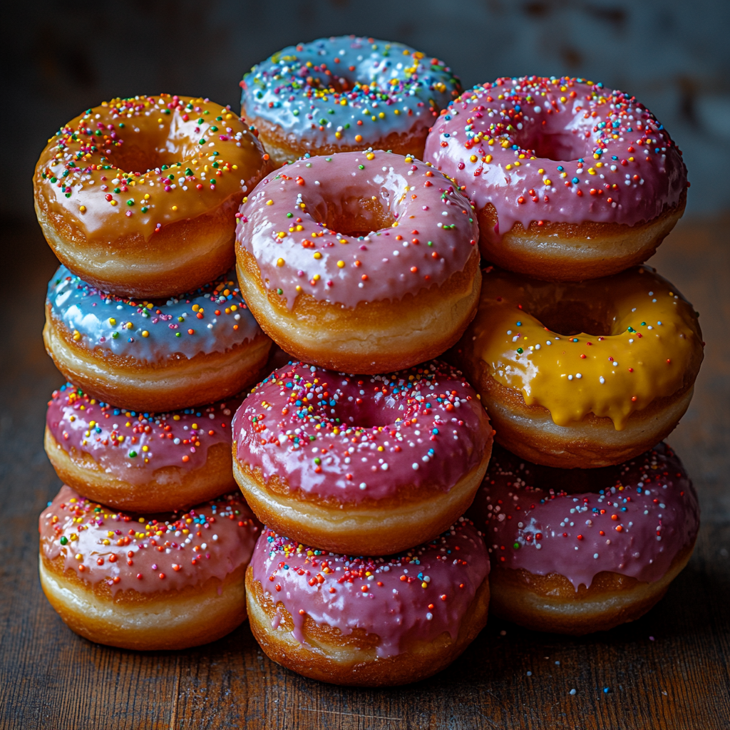 A colorful stack of vegan donuts on a rustic wooden table