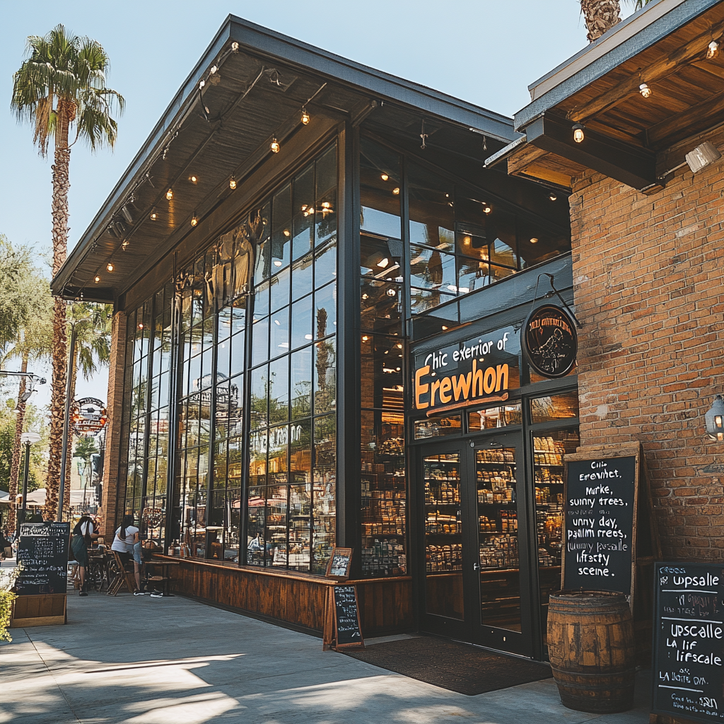 Sunny day outside Erewhon Market with palm trees and luxury vibe.