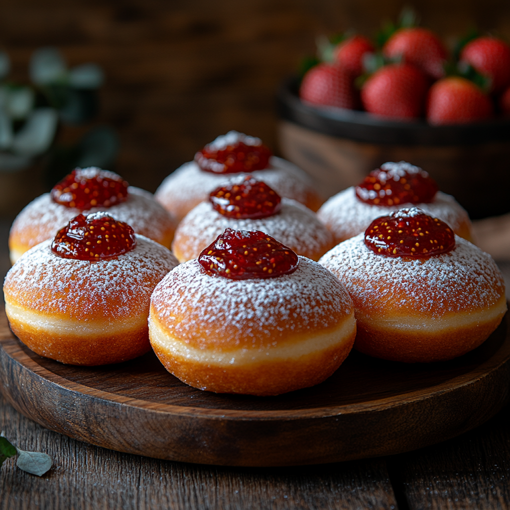 Vegan Donuts Filled with Strawberry Jam Close-up of strawberry-filled vegan donuts with jam inside