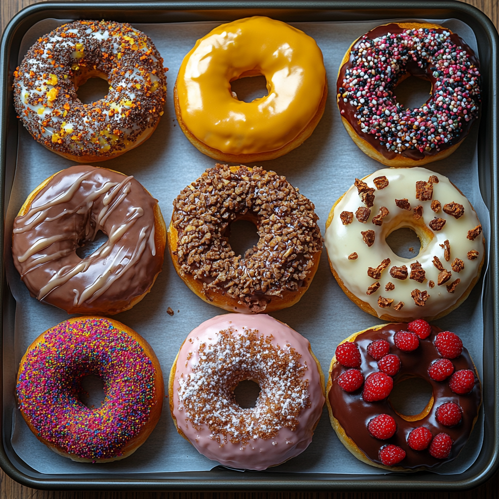 Ten assorted vegan donuts with different glazes and toppings