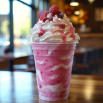 Strawberry Glaze Skin Smoothie with whipped topping and fresh strawberries in a clear cup, sitting on a wooden table