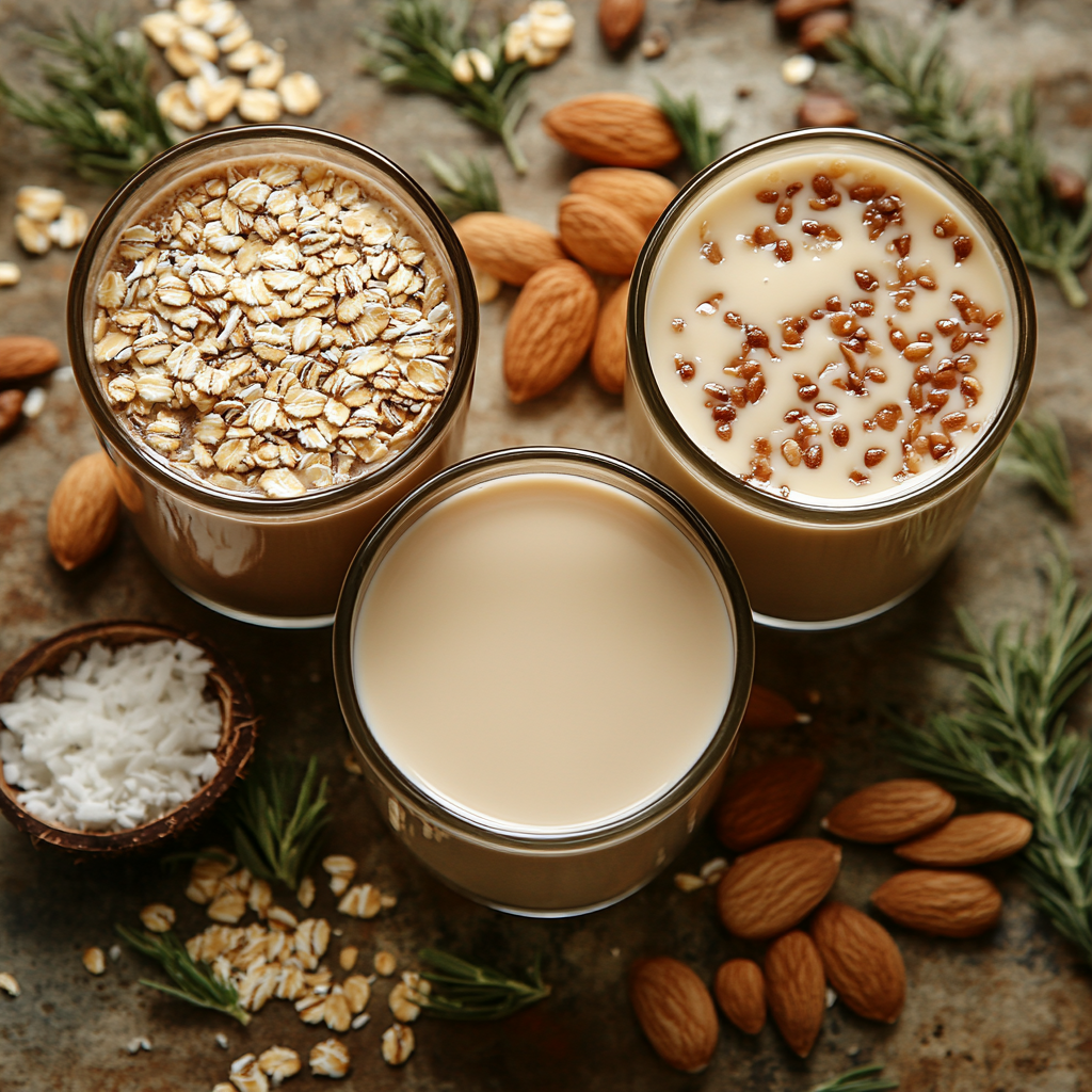 Best Dairy-Free Milks for Vegan Donuts Almond, oat, and coconut milk in glasses with ingredients