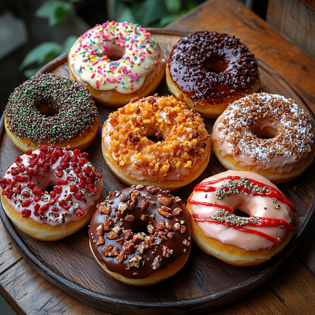 Assorted Vegan Donuts with Flavorful Toppings Assorted vegan donuts with colorful toppings on a ceramic platter